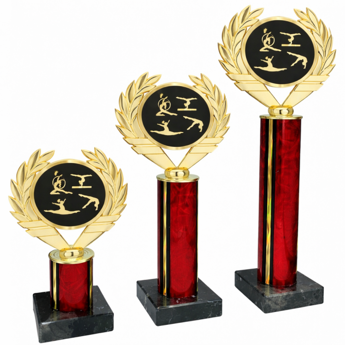 RED FEMALE GYMNASTIC COLUMN TROPHY WITH MODERN ACRYCLIC CENTRE MOUNTED ON PLASTIC LAUREL LEAF - 3 SIZES